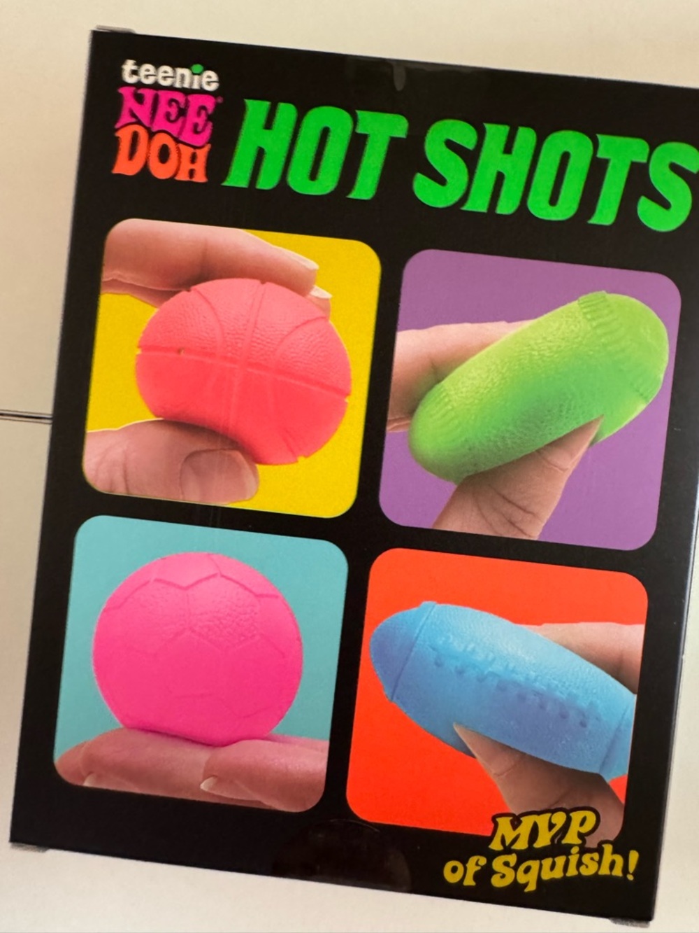 teenie NEE DOH Hot Shots Kids Squeeze Ball Toy Set - Pink, Orange, Green, Blue - Picture 2 of 2